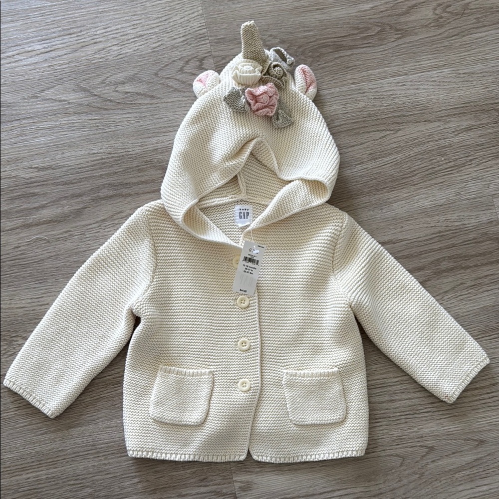 NWT Baby Gap Cream Knit Cardigan with Unicorn Hood Size 12-18 Month